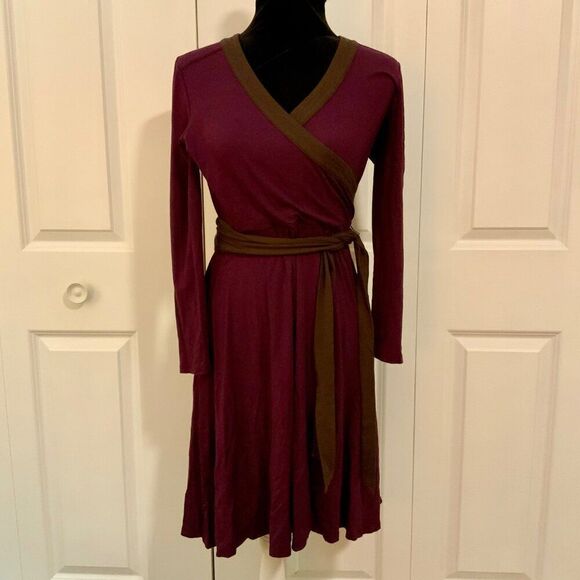 Talbots Purple Brown Belted Faux Wrap Jersey Knit Dress 4 Petite - Picture 1 of 10